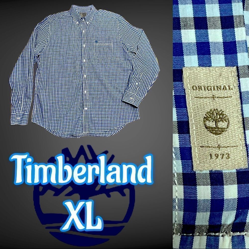 Men’s Timberland Button Down Dress Shirt Blue Plaid XL